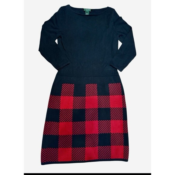 Lauren Ralph Lauren Sweater Dress Black Red Buffalo Plaid XS Preppy Designer - Picture 1 of 9